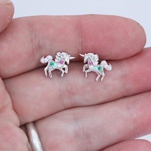 Silver Earrings for Women, 925 Sterling Silver Amethyst Pink Rainbow Multi Zirconia Unicorn Stud Earrings for Women Girls - Birthday Gift