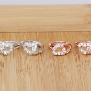 Silver Heart Hoop Earrings, Rose Gold Plated 925 Sterling Silver Zirconia Double Heart Huggie Hoop Earrings for Women and Girl Birthday Gift