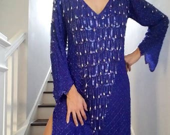 SILK Beaded FRINGE Sequin SHEER Blue Slouchy Dress (m)