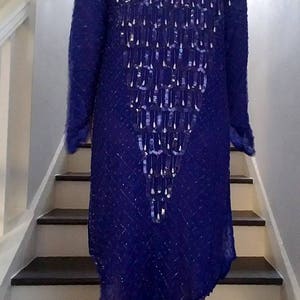 SILK Beaded FRINGE Sequin SHEER Blue Slouchy Dress m image 3