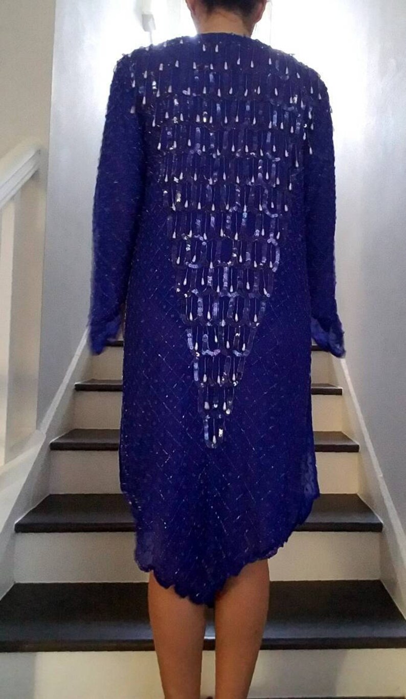 SILK Beaded FRINGE Sequin SHEER Blue Slouchy Dress m image 3