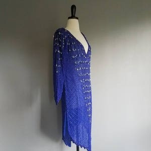 SILK Beaded FRINGE Sequin SHEER Blue Slouchy Dress m image 4