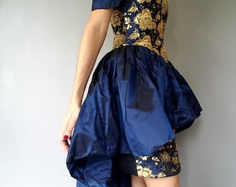 90s JESSICA MCCLINTOCK Avant Garde Cocktail Dress Navy and Gold (s-m)