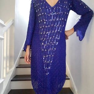 SILK Beaded FRINGE Sequin SHEER Blue Slouchy Dress m image 2