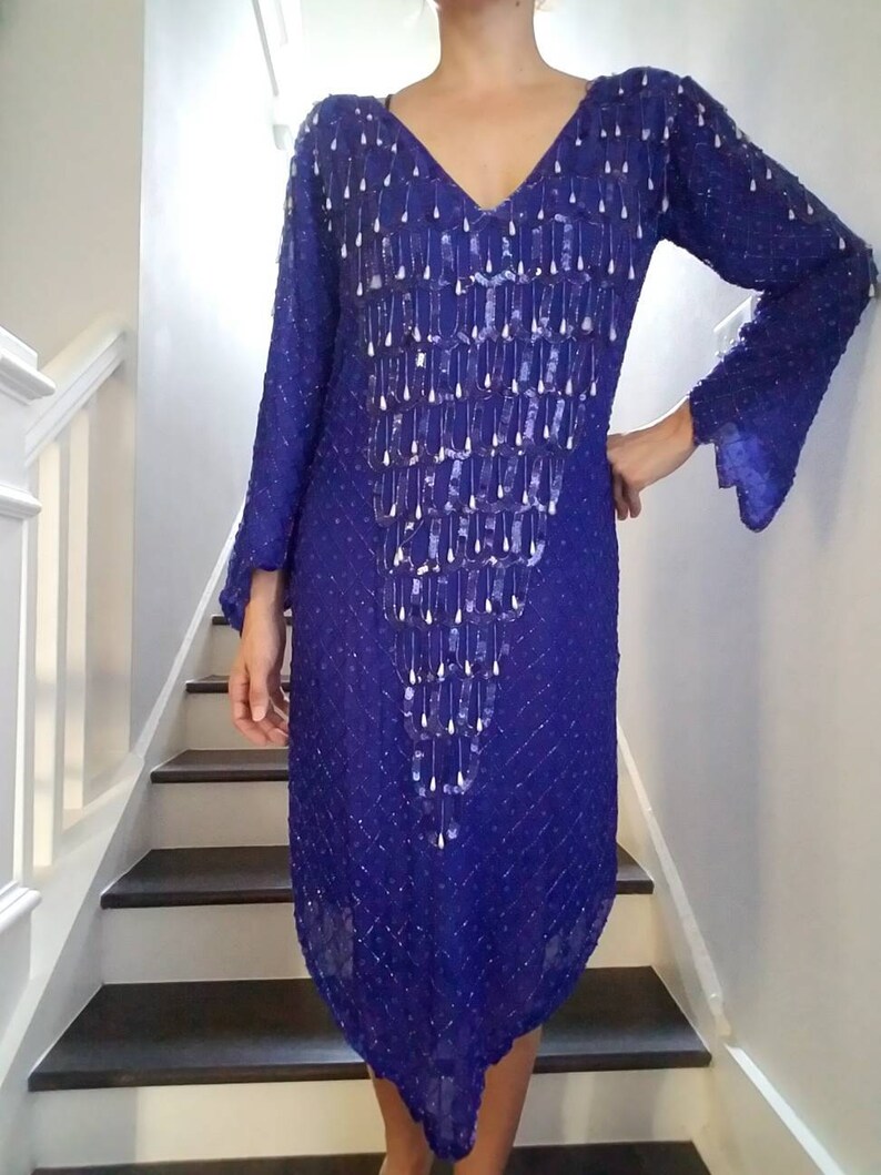 SILK Beaded FRINGE Sequin SHEER Blue Slouchy Dress m image 2