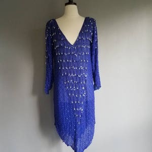 SILK Beaded FRINGE Sequin SHEER Blue Slouchy Dress m image 5