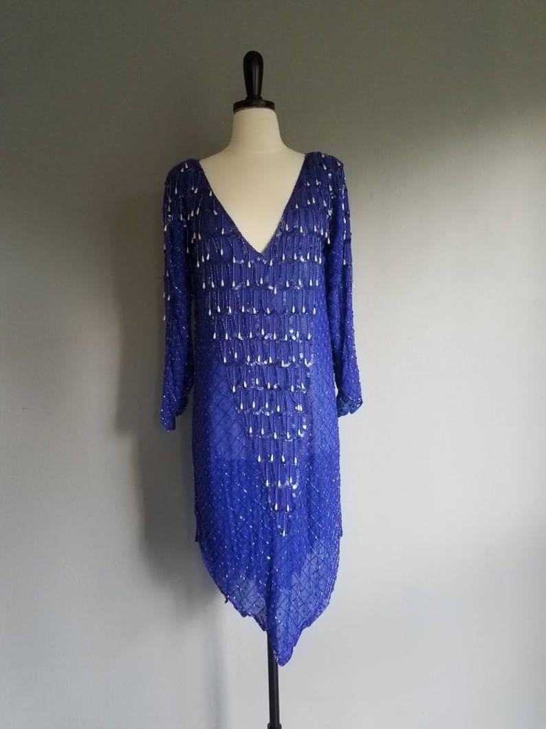 SILK Beaded FRINGE Sequin SHEER Blue Slouchy Dress m image 5