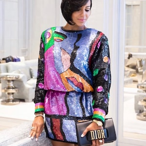 SEQUIN Abstract Judith Ann Creations GLAM 80s Dress (L)