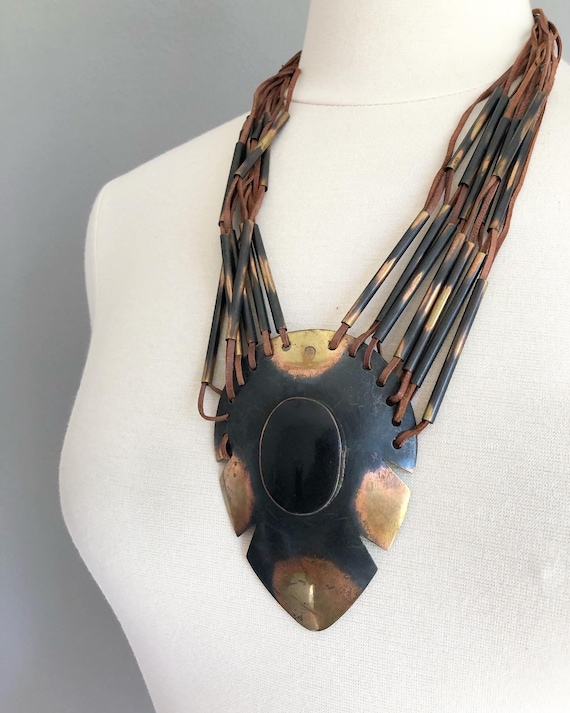 Boho Leather and Brass 80s 90s Necklace - image 4