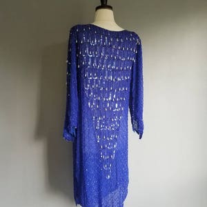 SILK Beaded FRINGE Sequin SHEER Blue Slouchy Dress m image 6