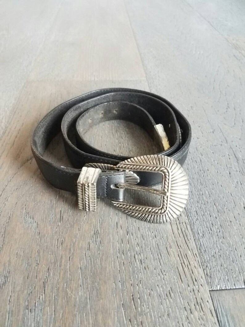 Vintage 90s Black SOUTHWEST Leather Brighton Onyx Belt m image 2