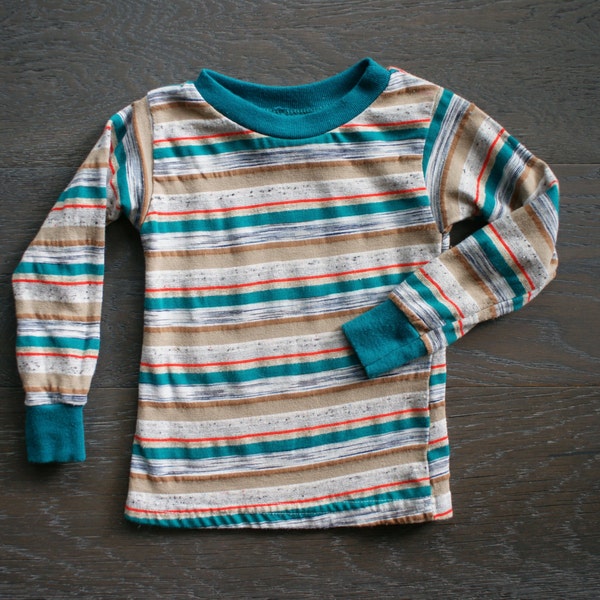 Vintage 80s Teal STRIPE COTTON Pullover Shirt 2T