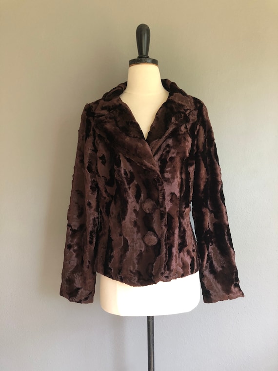 90s Faux Brown Crushed Velvet Coat (m)