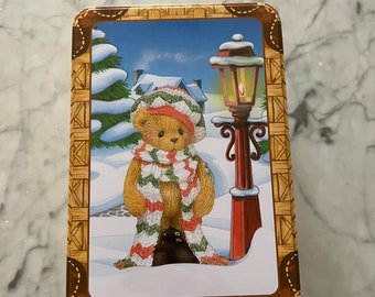 Cherished Teddies 2000 Christmas Holiday Tin Box with Stuffed Bear & Figurine