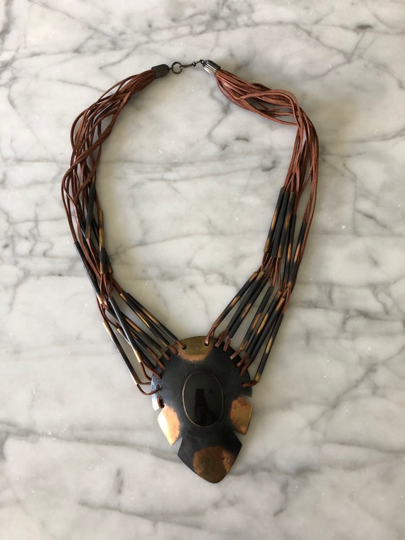 Boho Leather and Brass 80s 90s Necklace - image 1