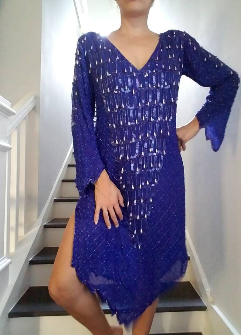 SILK Beaded FRINGE Sequin SHEER Blue Slouchy Dress m image 1