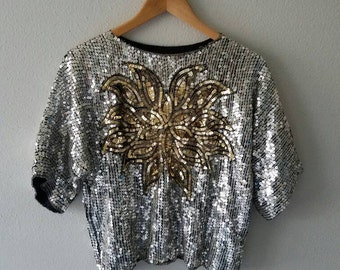 DISCO Sequin Vintage SLOUCHY Silver Gold Top (s-m)