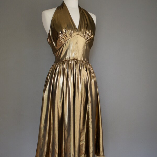 Vintage LIQUID GOLD Halter Dress COCKTAIL Party (m)