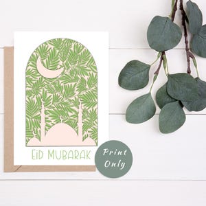 Cartão para impressão de Eid Mubarak, cartão de felicitações islâmico, download instantâneo, mesquita e crescente, celebração muçulmana, tamanho retrato de 5''x7''.