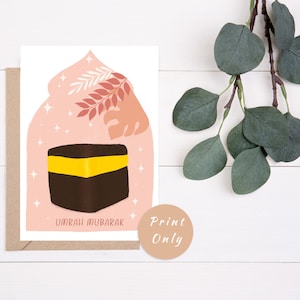 Cartão para impressão de Umrah Mubarak, cartão de felicitações islâmico, download instantâneo, Kaaba Boho Floral, tamanho retrato de 5''x7''.