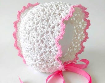 CROCHET PATTERN - Baby Bonnet White Lace with Pink Trim - PDF Digital Download - 0-3 Months
