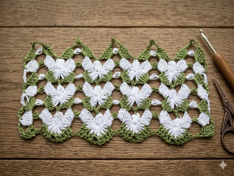 May include: A rectangular piece of crochet lace featuring a repeating pattern of white floral motifs connected by olive green yarn. The lace has a scalloped top and bottom edge. A wooden crochet hook and metal scissors are positioned to the right.