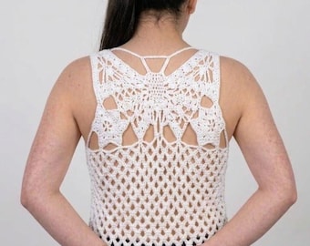 Top de crochê com estampa de borboleta, top estilo boho de verão com alças no pescoço, top cropped sem costas para festivais, tutorial de crochê fácil para mulheres, faça você mesma sua roupa de praia em PDF.