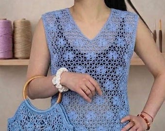 Conjunto de Crochê 2 em 1: Blusa de Verão "Catania" em Malha e Bolsa de Mercado Combinando, Top Boho de Crochê e Bolsa Tote com Alça de Bambu - Tutorial em PDF