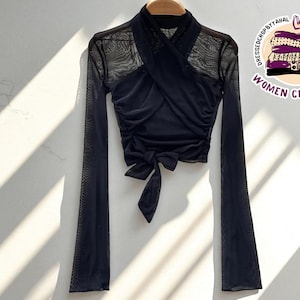 Mesh Sheer Cropped Top | Long Sleeve Halter with Bow Detail | Criss Cross Streetwear Look | Lightweight Summer Layer | Chic Blouse