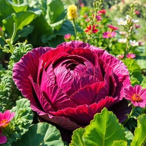 May include: A vibrant, deep pink ornamental cabbage with ruffled leaves, blooming in a garden setting.