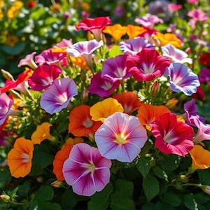 May include: A vibrant cluster of morning glory flowers in full bloom. The flowers display a range of colors, including red, pink, orange, yellow, and purple, with green foliage. The petals have a trumpet shape.