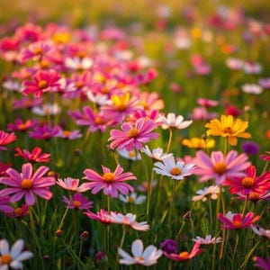 May include: A field of pink, white, and yellow wildflowers in bloom. The flowers are in focus, while the background is blurred.