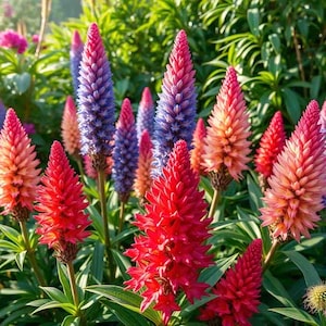 May include: A close-up of a variety of colorful flowers. The flowers are tall and slender, with long, pointed petals. The colors include pink, red, purple, and blue.