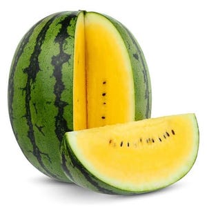 May include: A yellow watermelon with a green rind, cut in half, showing the bright yellow flesh. The watermelon is sliced into two pieces, one with the rind and one without.