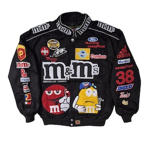 vintage M & M's Racing Jacke Schwarz voll bestickt (Unisex Nascar Style Bomber y2k) Streetwear Jacke Retro Moto Style