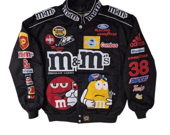 vintage M&M's Racing-jack zwart volledig geborduurd (unisex NASCAR-stijl Bomber y2k) streetwear-jack retro motorstijl