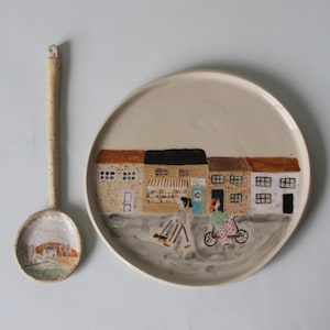 Handmade Ceramic Appetizer Plate: Unique Town Scene Pottery Platter