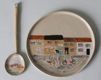 Assiette à apéritif en céramique faite main : assiette de poterie unique représentant une scène de ville