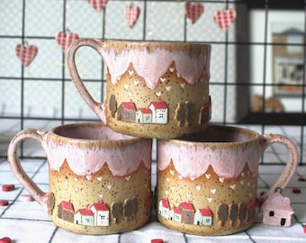Handgemachte Valentinstag Keramik Kaffeebecher: Pink Town Design
