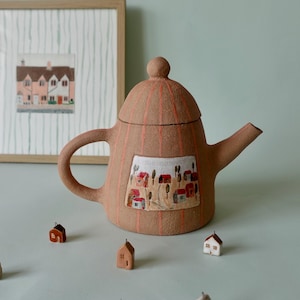Mini teiera in gres fatta a mano con piccole casette – Teiera e caffettiera decorativa in ceramica