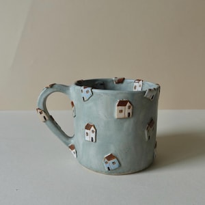 Handmade Tiny Houses Stoneware Mug, Blue Cottagecore Coffee Cup (10 oz)