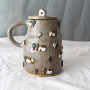 Handmade Ceramic Pitcher: Tiny House & Tree Motif, Food-Safe Glaze
