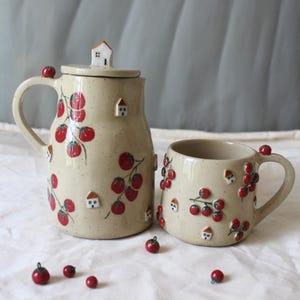 Handmade Ceramic Pitcher with Tumbler: 3D House & Tomato Design