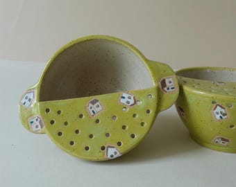 Cuenco colador de cerámica artesanal para frutas – Lavador de frutas rústico de cerámica – Decoración de cocina estilo cottagecore