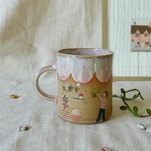 Taza de gres hecha a mano: taza de café de cerámica esmaltada rosa, taza de té ilustrada de estilo cottagecore