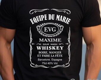 Customizable stag do t-shirt with a whisky theme – personalized stag do accessory for the groom-to-be with his name