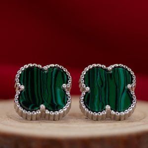 Malachite Clover Stud Earrings 925 Sterling Silver - Lucky Green Gemstone Jewelry - Dainty Four Leaf Clover Earrings/ Minimalist Stone Studs