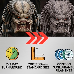 May include: A digital rendering of a Predator creature with detailed facial features and dreadlocks. The image includes text indicating a 2-3 day turnaround, a standard size of 200x200mm, and compatibility with SUNLU/BAMBU filaments.