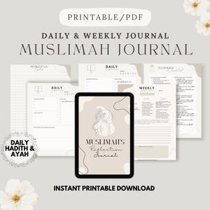 Pode incluir: Diário imprimível em PDF para mulheres muçulmanas. A capa apresenta um desenho minimalista de uma mulher com uma coroa de flores. O diário inclui seções para reflexão diária, momentos de atenção plena e uma lista de verificação da Sunnah.