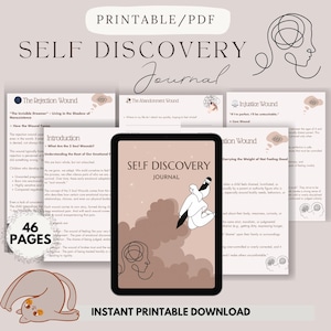 May include: A digital self-discovery journal with a minimalist design. The journal features a tablet displaying the title "Self Discovery Journal" and includes pages on various emotional wounds. The image also shows a cat illustration and the text "Instant Printable Download."